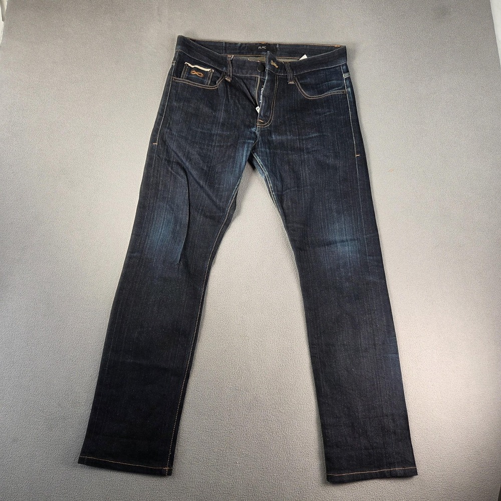 Selvedge Jeans Mens 32x28 Indigo Blue Dark Wash Slim Straight Low Rise